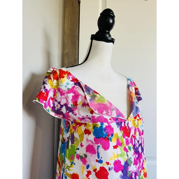 Le Shack By Tracy Feith Sz 4 100% Silk Watercolor Multicolor Print Top Blouse - Picture 5 of 12
